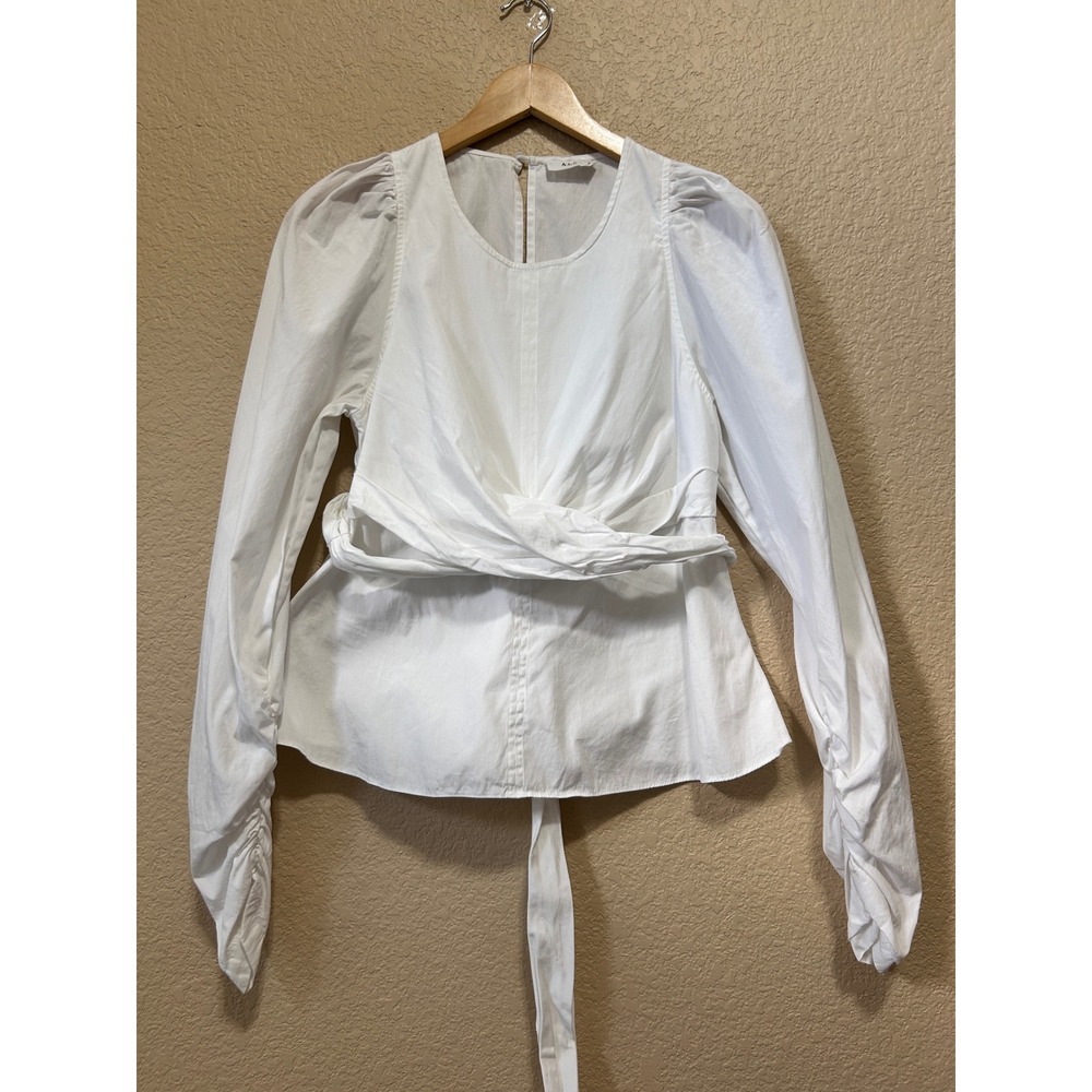 A.L.C. Size 6 White Twist Front Ruched Puff Sleeve Cotton Blouse Top